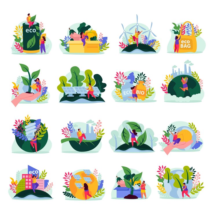 Vector gratuito ecología y salvar la naturaleza concepto iconos planos establecidos con composiciones aisladas de personajes de garabatos y plantas ilustración vectorial
