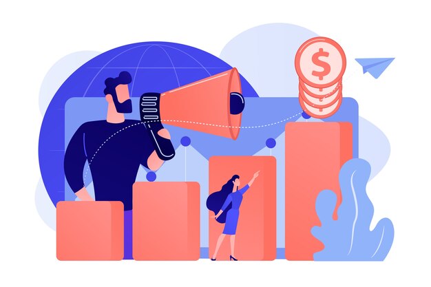 Economista con megáfono, columna de crecimiento económico y gráfico de productividad del mercado. Desarrollo económico, clasificación de la economía mundial, ilustración del concepto de economía de mercado