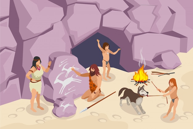 Edad de piedra isométrica con personas antiguas
