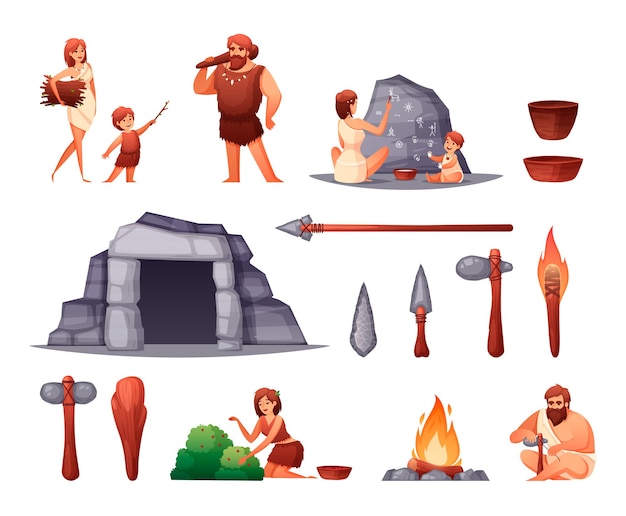 Edad de piedra prehistórica hombre de las cavernas familia hogar pinturas rupestres herramientas de armas de fuego abierto conjunto plano aislado ilustración vectorial