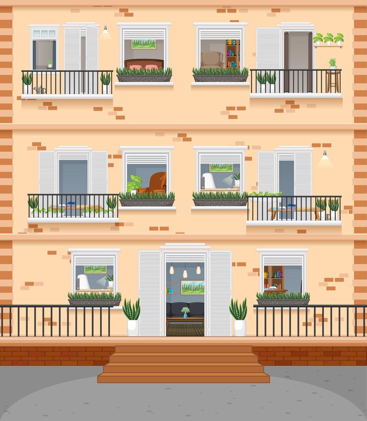 Vector gratuito edificio de apartamentos con ventanas