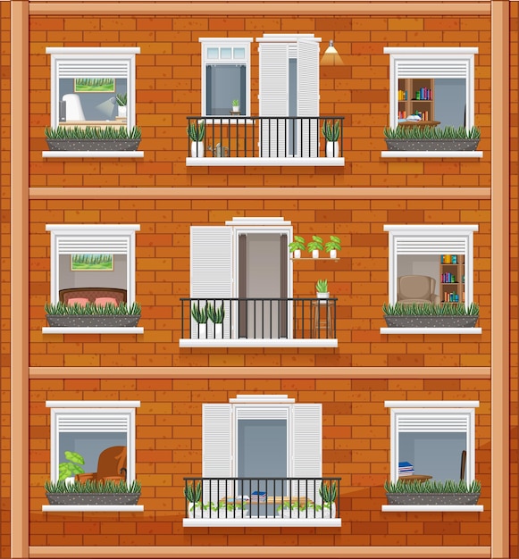 Vector gratuito edificio de apartamentos con ventanas