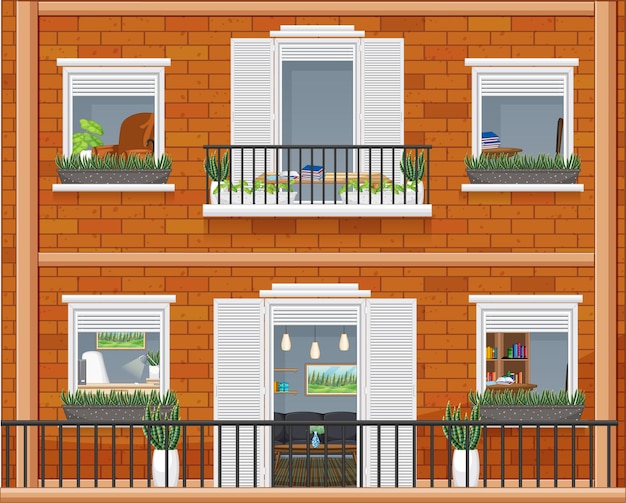 Vector gratuito edificio de apartamentos con ventanas