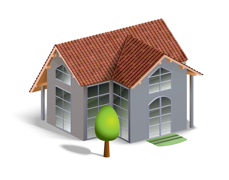 Vector gratuito edificio y árbol aislado en blanco con detalles