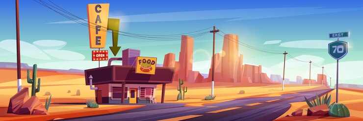 Vector gratuito edificio de café en la carretera en el desierto