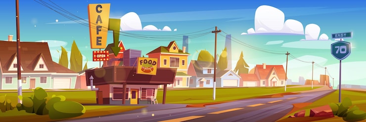 Vector gratuito edificio de café en la carretera de la ruta con señal