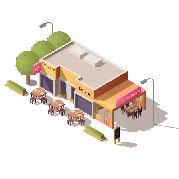 Edificio de la cafetería de la calle con vector de terraza al aire libre