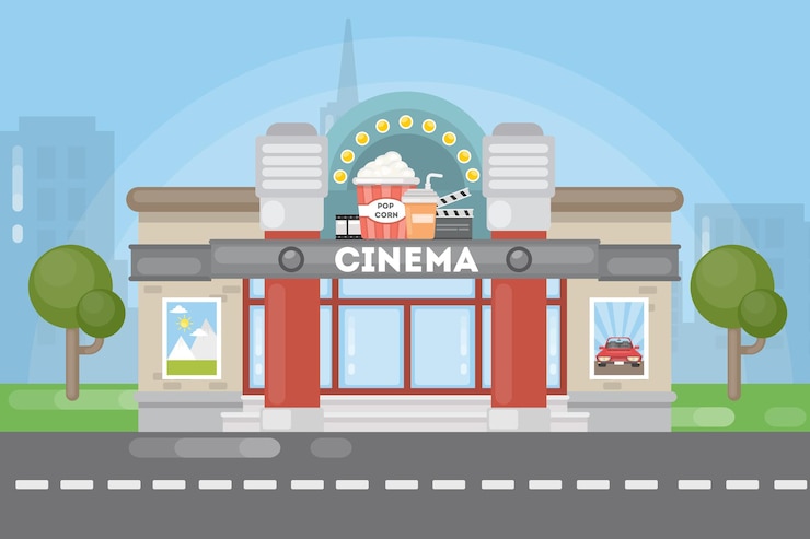Vector gratuito edificio de cine aislado casa con cartel de cine y secado como palomitas de maíz calle urbana