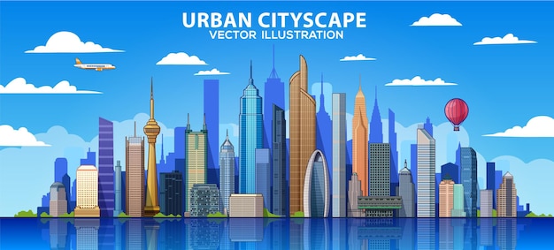 Edificio de diseño vectorial y paisaje urbano urbano de la ciudad