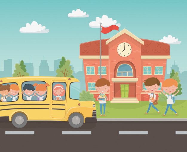 Edificio escolar y bus con niños en la escena.