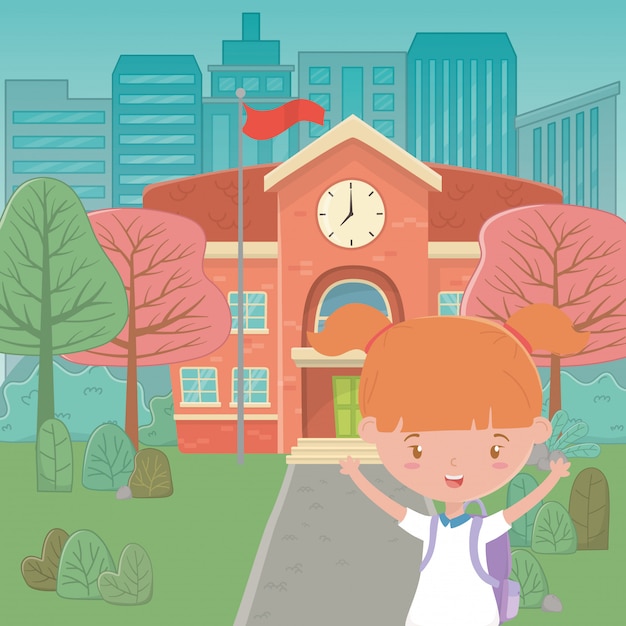 Vector gratuito edificio escolar y niña de dibujos animados