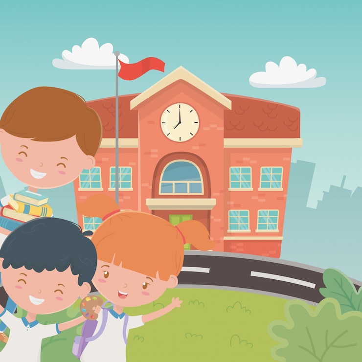 Vector gratuito edificio escolar con niños en la escena.