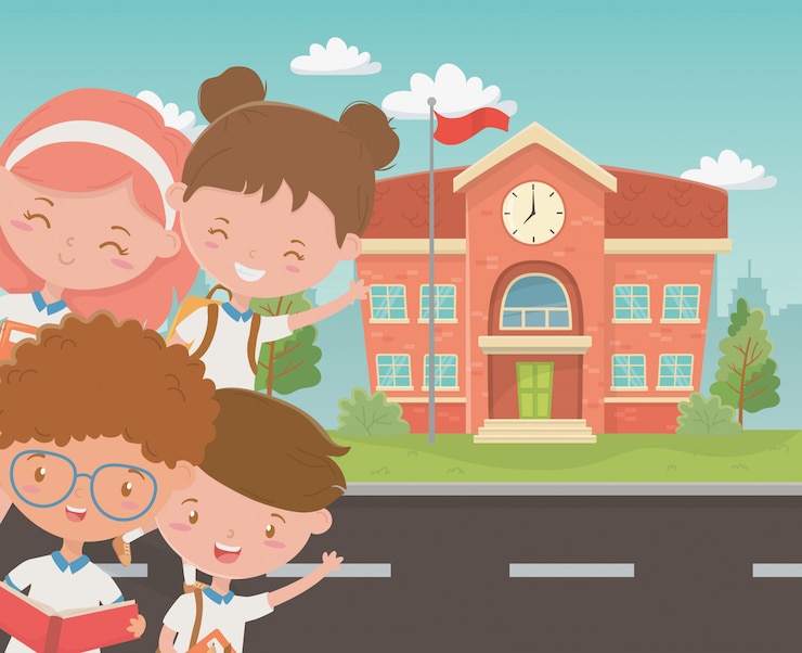 Vector gratuito edificio escolar con niños en la escena.