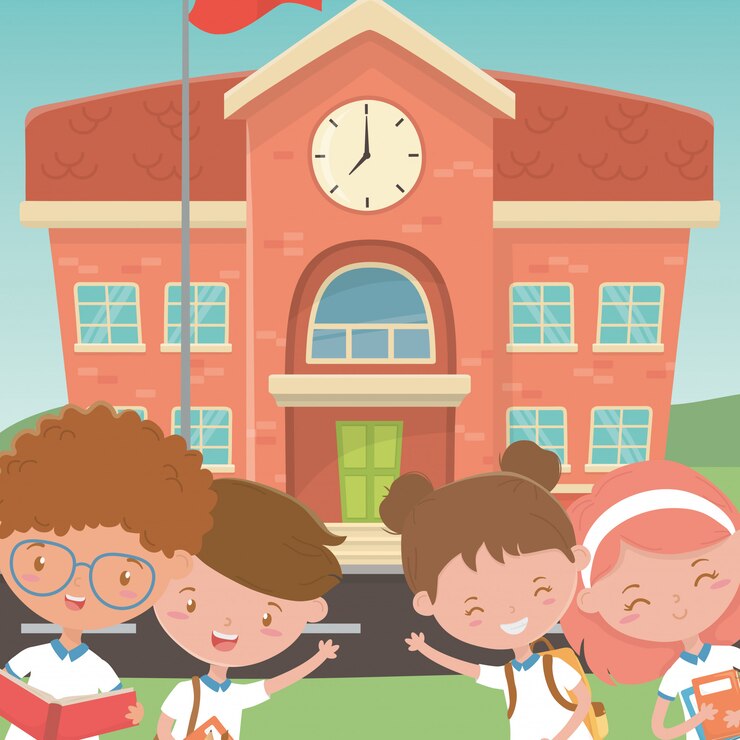 Vector gratuito edificio escolar y niños