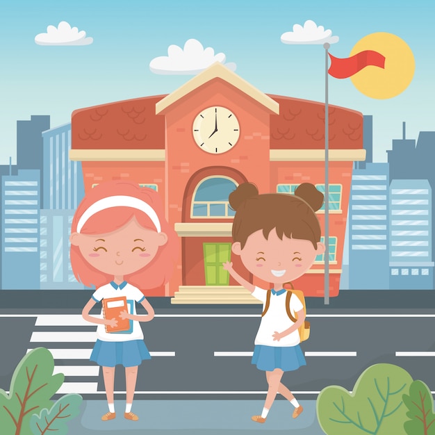 Vector gratuito edificio escolar y niños