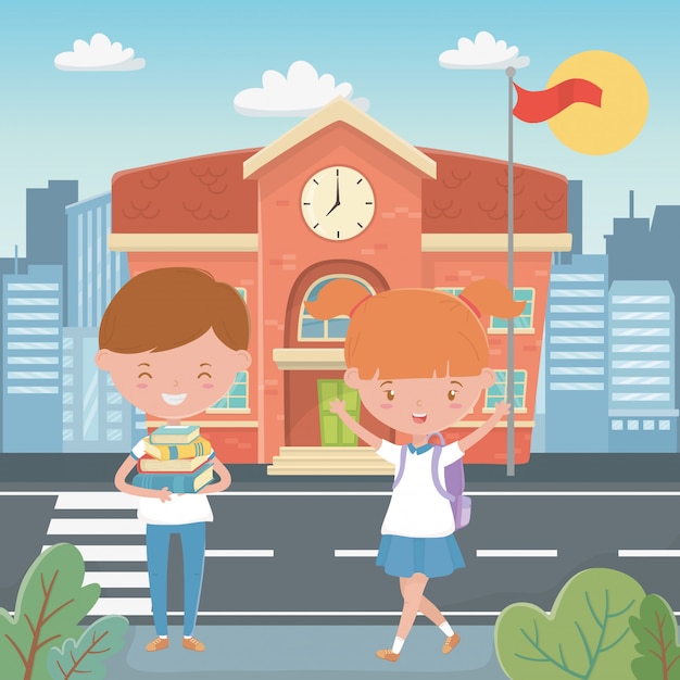 Vector gratuito edificio escolar y niños