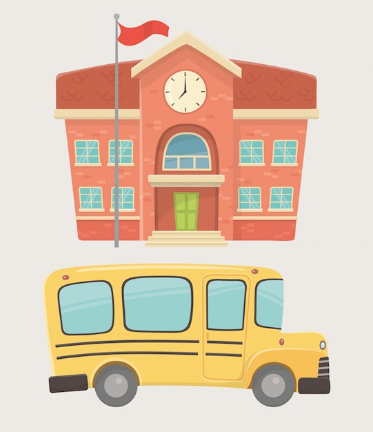 Edificio escolar y transporte en autobús.
