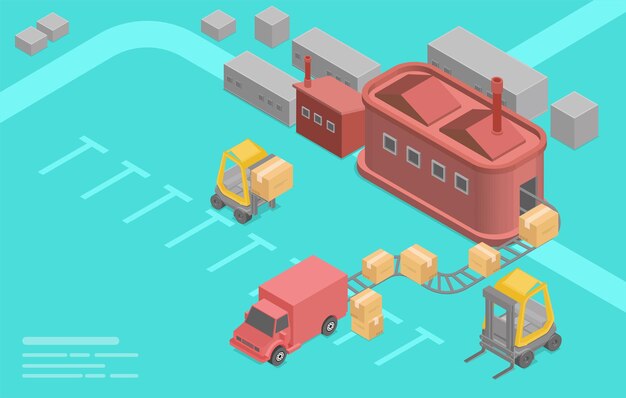 Edificio de fábrica isométrica., Almacén con cajas para embarque, camiones, montacargas con carga. Negocio de Logística Industrial y Merchandising. Ilustración plana de dibujos animados.