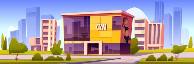Edificio de gimnasio, casa deportiva moderna en la ciudad de verano