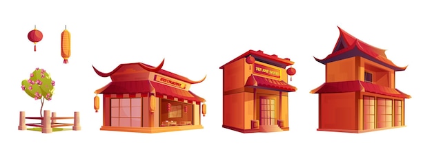 Edificio de restaurante de la calle china para el conjunto de la ciudad Tienda de dibujos animados de Japón y paisaje urbano del distrito asiático aislado colección de decoración de imágenes prediseñadas de negocios vintage para el exterior del paisaje urbano Lugar de quiosco histórico