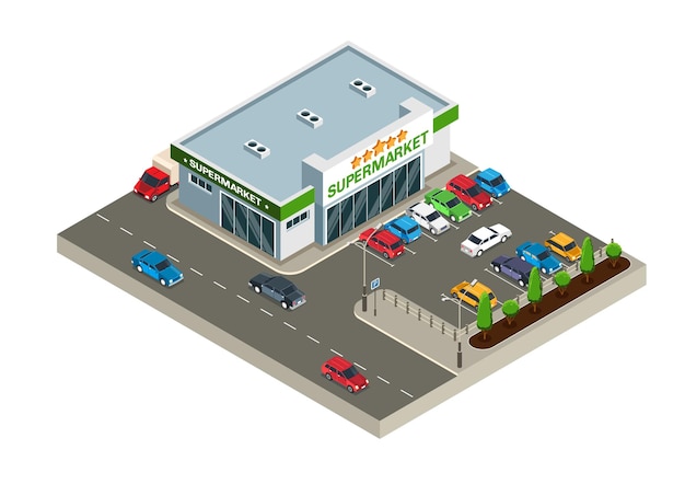 Vector gratuito edificio de supermercado al aire libre con objeto isométrico de aparcamiento aislado sobre fondo blanco ilustración vectorial 3d