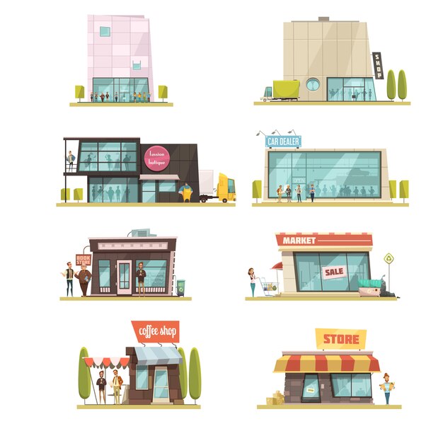 El edificio del supermercado fijó con la ilustración aislada del vector de la historieta de los símbolos de las cafeterías