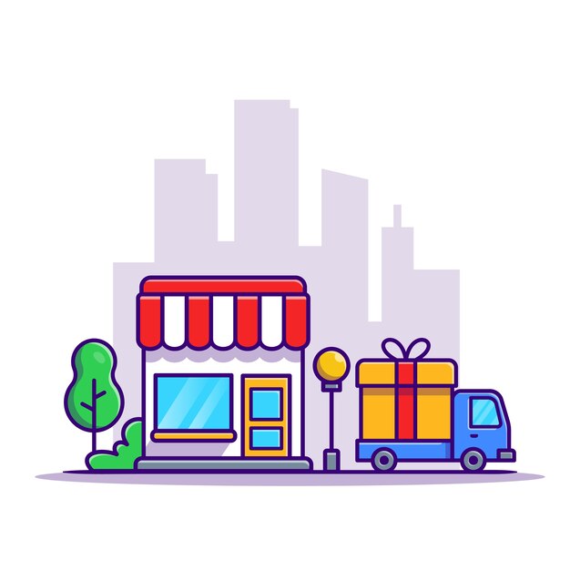 Edificio de la tienda y camión de reparto Car Cartoon