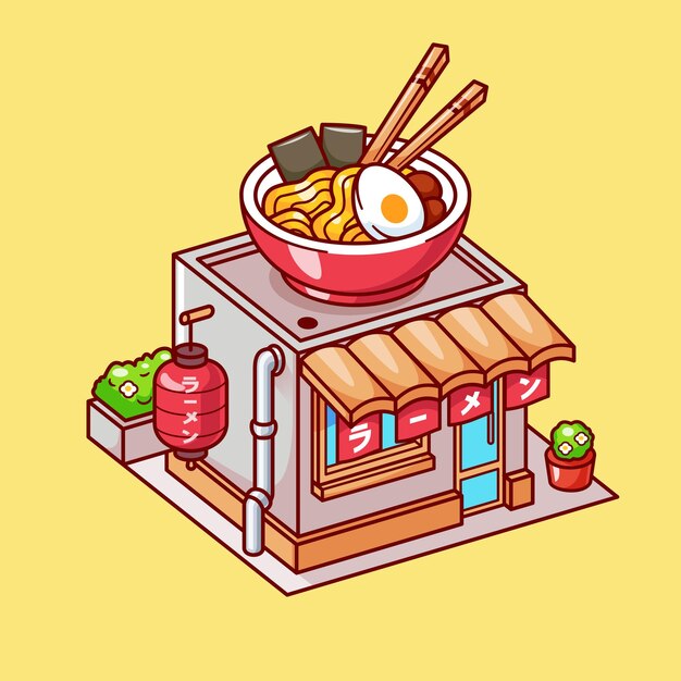 Edificio de la tienda de fideos Ramen Isométrico de dibujos animados Icono vectorial Ilustración Edificio de alimentos aislado plano