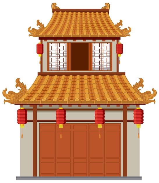 Edificio tradicional chino sobre fondo blanco.