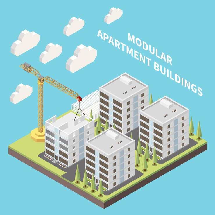 Vector gratuito edificios de apartamentos modulares con sitio de construcción con ilustración de vector de casa de bloque de hormigón