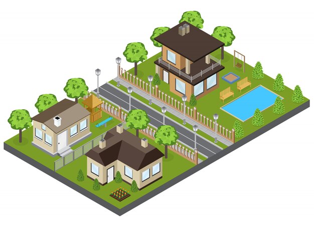 Edificios del área de los suburbios con casas adosadas y casas de campo isométricas