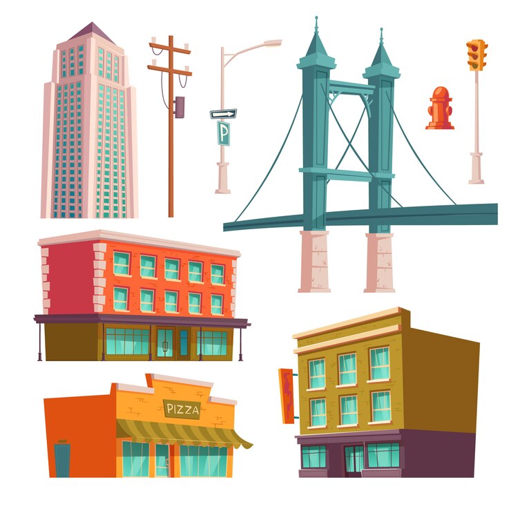 Vector gratuito edificios de la ciudad, conjunto de arquitectura moderna de puente