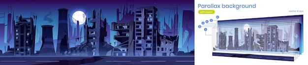 Edificios destruidos en las calles de la ciudad después de la guerra o desastres naturales por la noche. Fondo de paralaje de vector con paisaje urbano de dibujos animados con casas rotas abandonadas con humo, camino agrietado y luna en el cielo