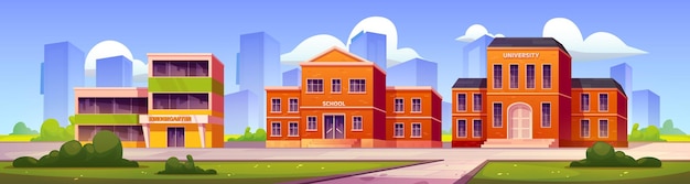 Edificios de escuela jardín de infantes y universidad.