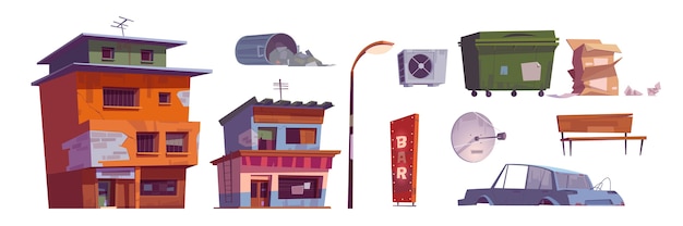 Vector gratuito edificios del gueto, papelera, coche averiado, letrero de bar, farola, cajas de cartón, ventilación y antena satelital, casas antiguas abandonadas en ruinas. conjunto de vector de dibujos animados aislados calle sucia ruinoso