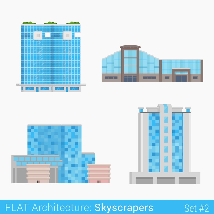 Vector gratuito edificios modernos comercio centro de negocios centro comercial hotel rascacielos conjunto elementos de la ciudad colección de arquitectura elegante