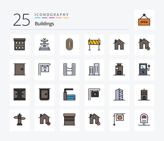 Edificios Paquete de iconos de 25 líneas llenas que incluye la barrera de construcción de edificios de obstáculos de dirección