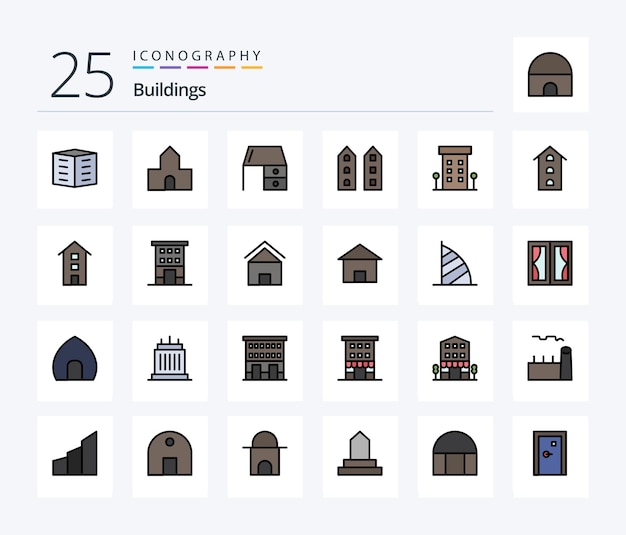 Edificios paquete de iconos llenos de 25 líneas que incluye tiendas casa edificio cristiano edificios escritorio de oficina