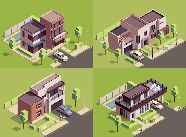 Edificios suburbios composiciones isométricas de 2x2 con cuatro hitos residenciales, paisajes, jardines con casas modernas