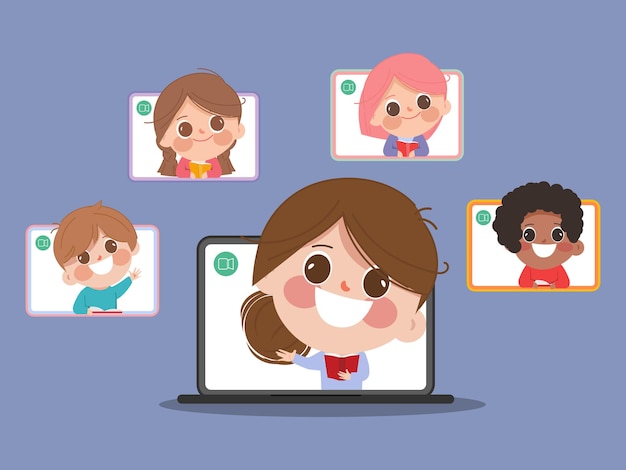 Educación escolar en línea del profesor Estudio en línea de regreso a la escuela con computadora portátil
