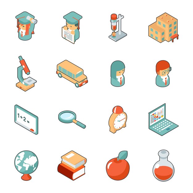 Educación y escuela iconos 3d isométricos. Ciencia y universidad, colegio y graduación. Ilustración vectorial