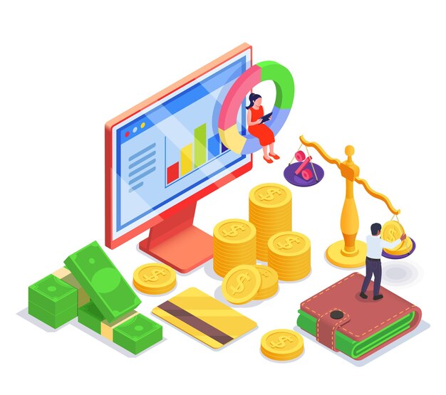 Educación financiera alfabetización concepto isométrico situación abstracta de dos personas y alrededor de ellas los elementos y dispositivos para la circulación de dinero ilustración vectorial