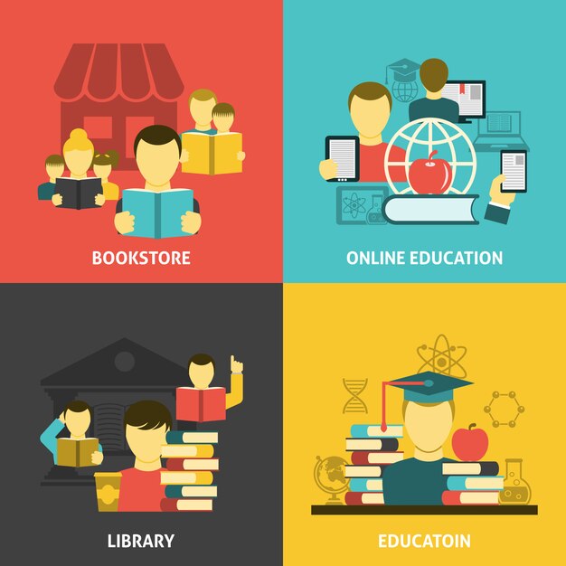Educación leyendo iconos cuadrados banner cuadrado
