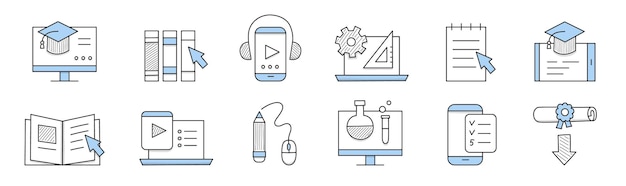 Educación en línea doodle iconos elementos aislados
