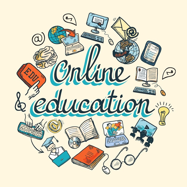 Educación en línea e-learning ciencia concepto de boceto con la computadora y el estudio de iconos ilustración vectorial