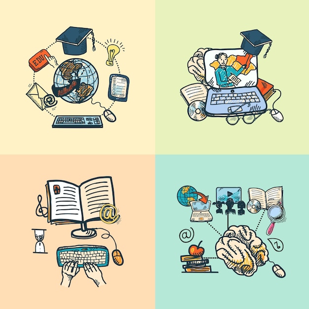 Educación en línea e-learning ciencia iconos de boceto conjunto ilustración vectorial aislado