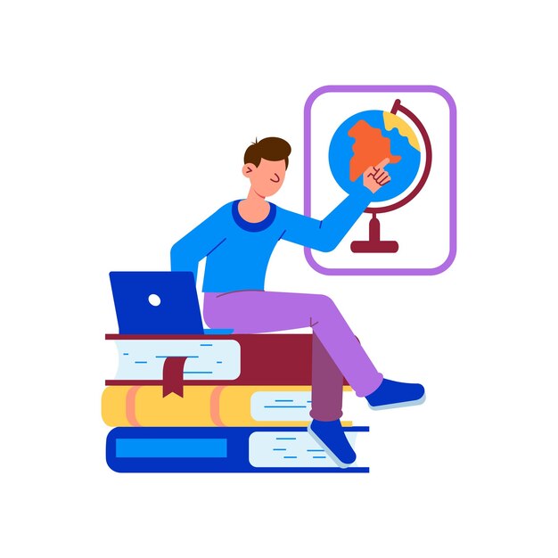 Educación en línea con hombre portátil y libros planos.