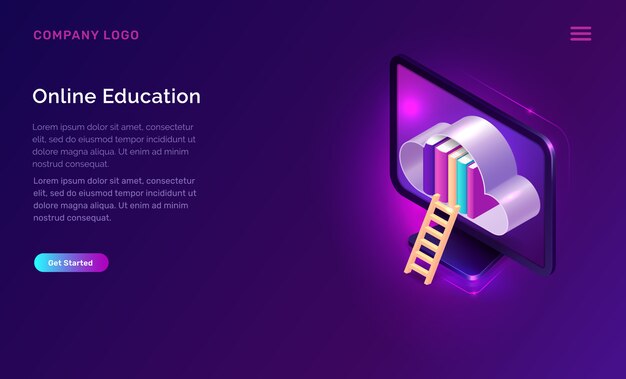 Educación en línea o concepto isométrico de biblioteca