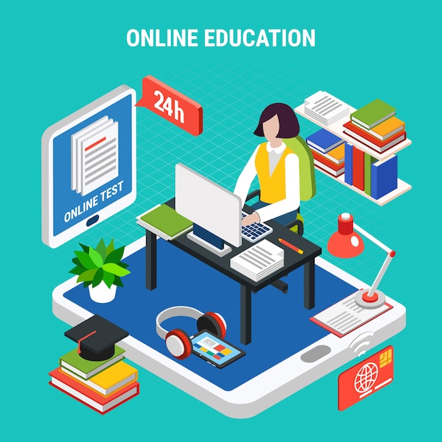 Educación en línea con varios dispositivos electrónicos concepto isométrico 3d ilustración vectorial