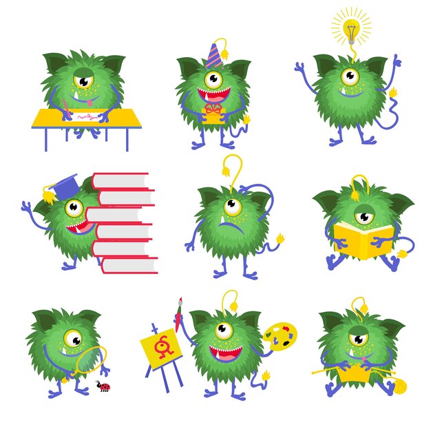Educación para niños. Carácter de monstruo con ilustración de libros. Monstruo leyó libro y monstruo feliz con un ojo.